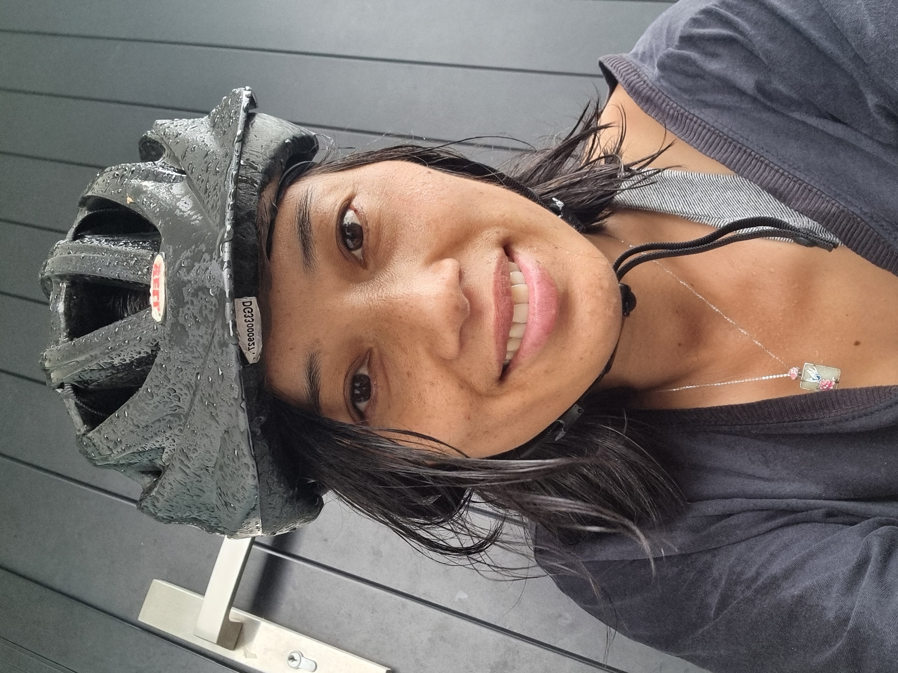 photo of me after biking home from the supermarket in the rain